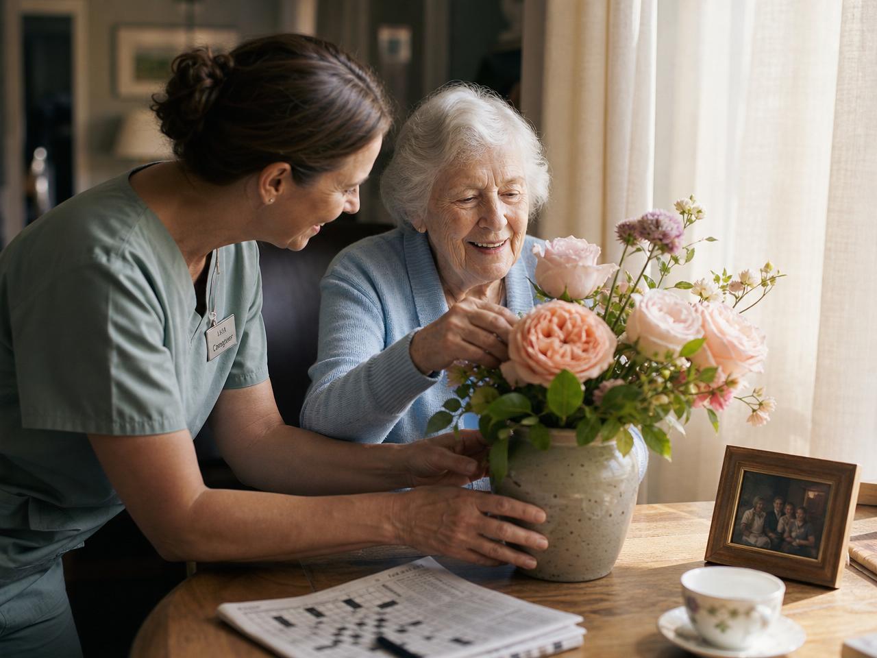An older woman and her caregiver arranging fresh roses in her sunlit apartment