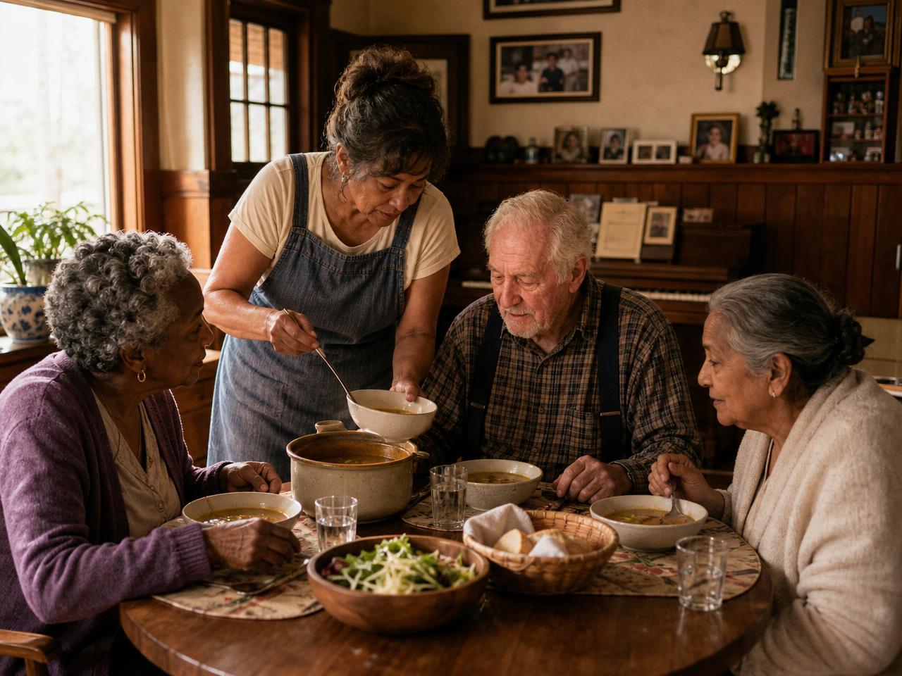 Three residents and a caregiver around a family-style dining table in a craftsman bungalow