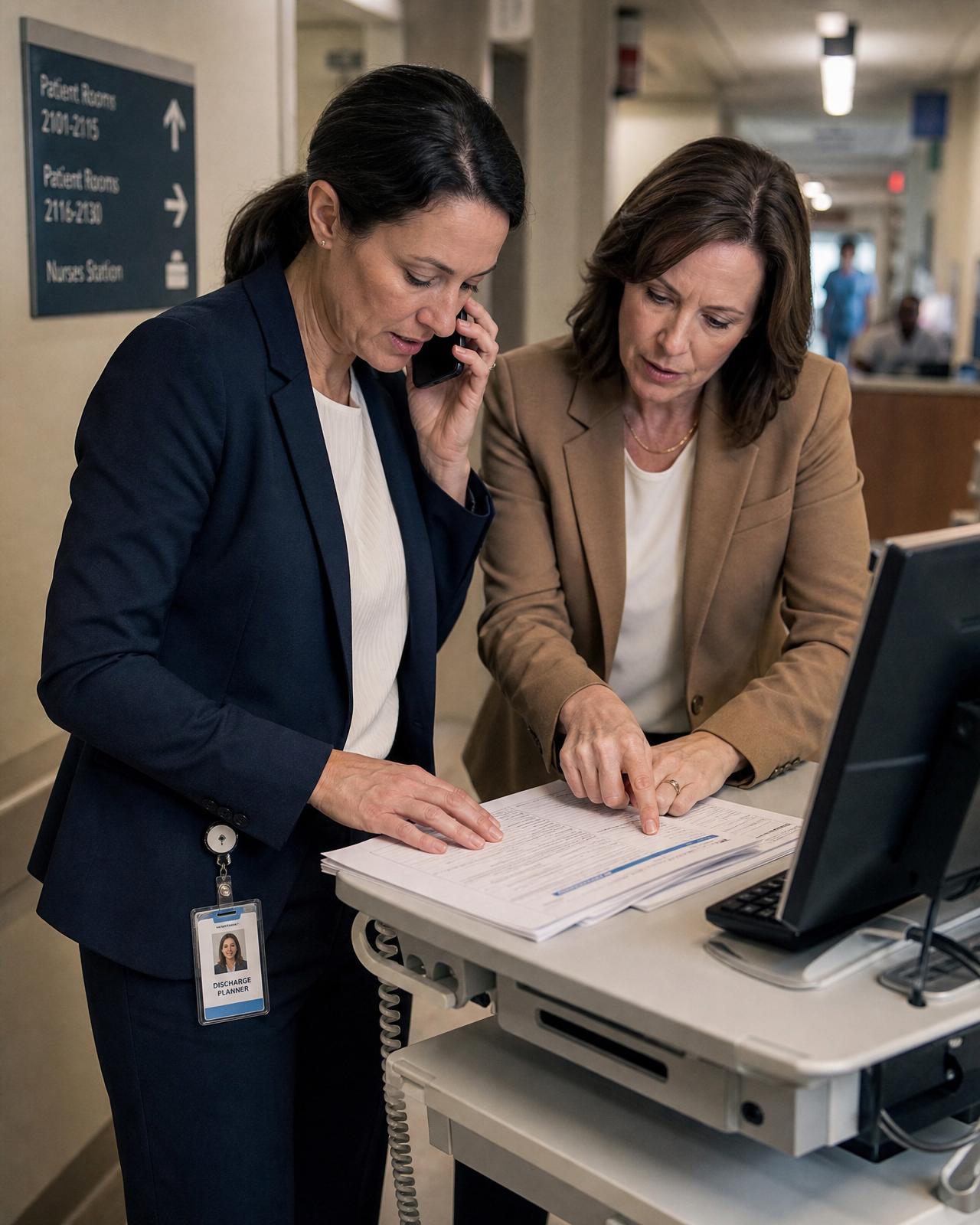A hospital discharge planner and a Keystone advisor reviewing a patient chart at a workstation